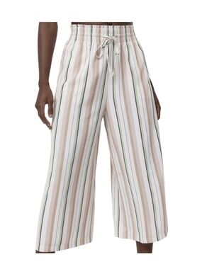 stradivarius Cream, Beige & Green Striped Wide-Leg Cropped Pants